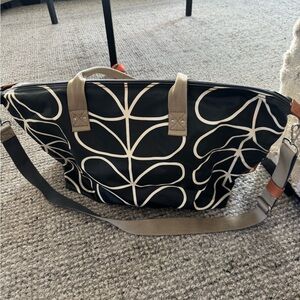 Orla Kiely large tote bag with zipper - linear stem pattern in black and white